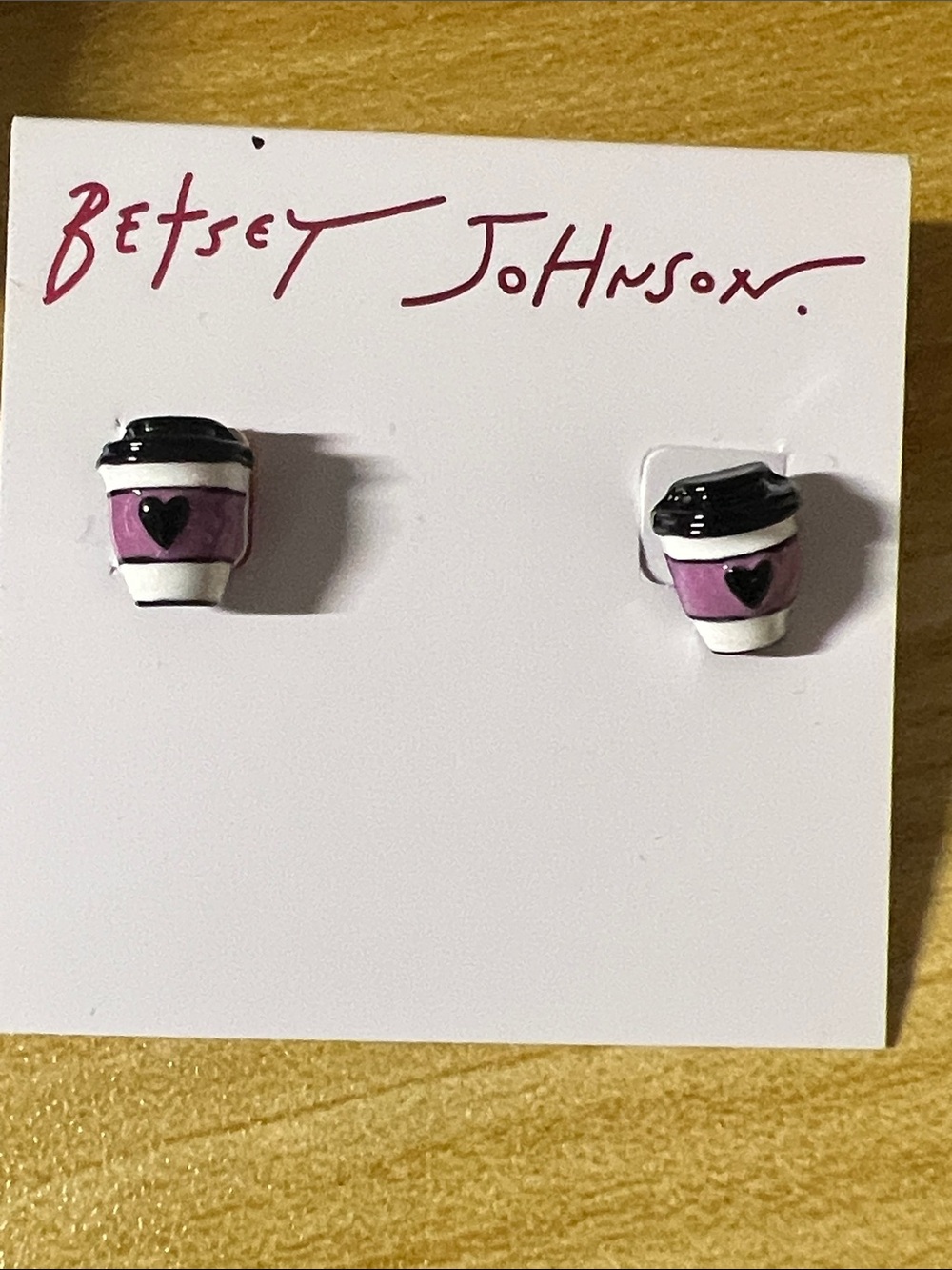 Betsey Johnson Pink and Black Coffee Cup Stud Earrings